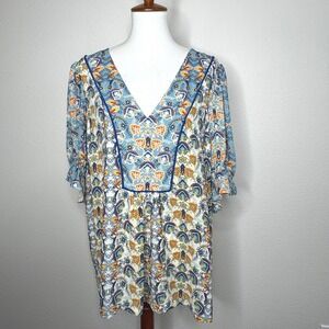 ROSE + OLIVE Peasant Puff Short Sleeve 2X Boho Print Blues Bohemian Cottage Core